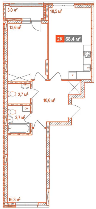 Планировка: 2-комнатная · 68,40 м²