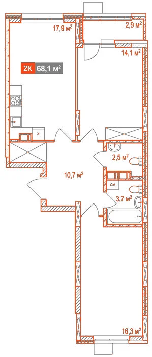 Планировка: 2-комнатная · 68,10 м²
