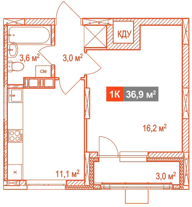 Планировка: 1-комнатная · 36,90 м²