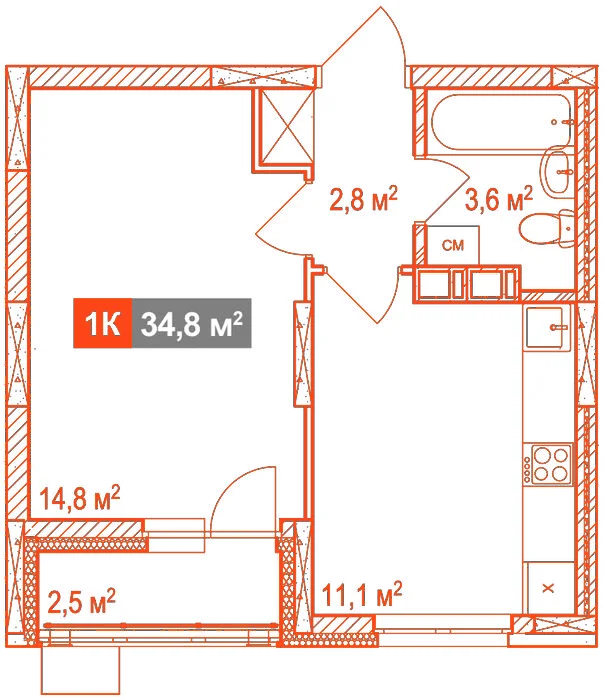 Планировка: 1-комнатная · 34,80 м²
