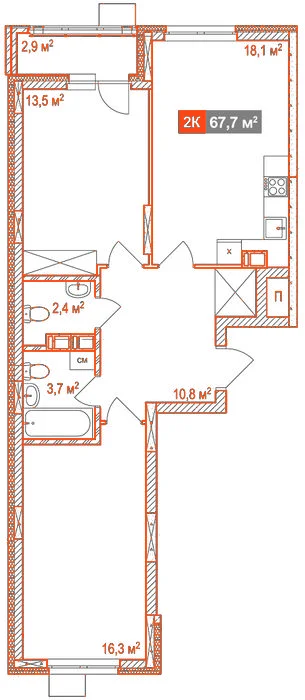 Планировка: 2-комнатная · 67,70 м²