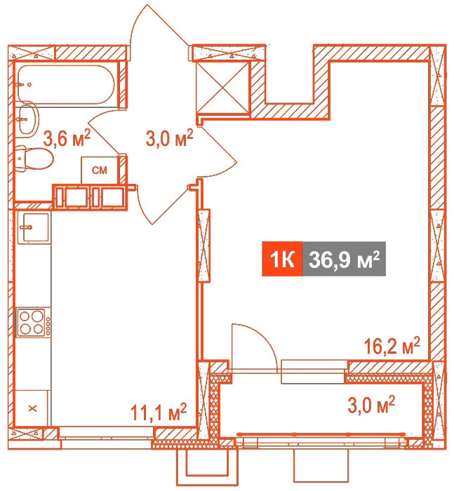 Планировка: 1-комнатная · 36,90 м²