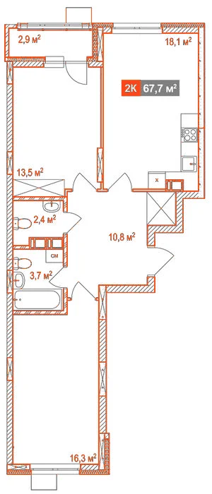 Планировка: 2-комнатная · 67,70 м²