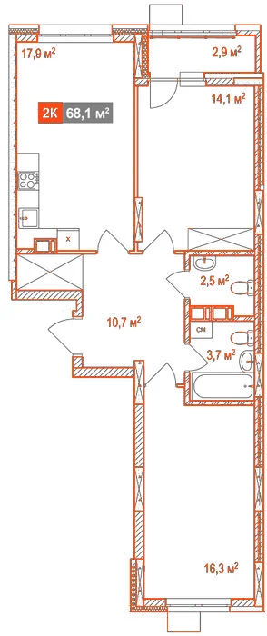 Планировка: 2-комнатная · 68,10 м²