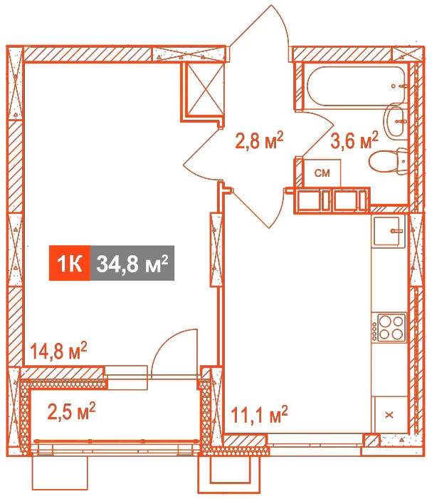 Планировка: 1-комнатная · 34,80 м²