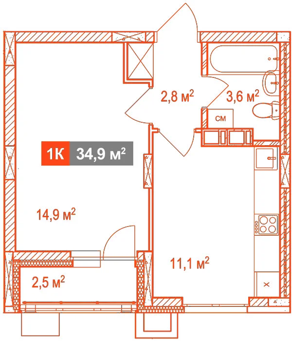Планировка: 1-комнатная · 34,90 м²