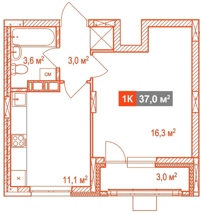 Планировка: 1-комнатная · 37,00 м²