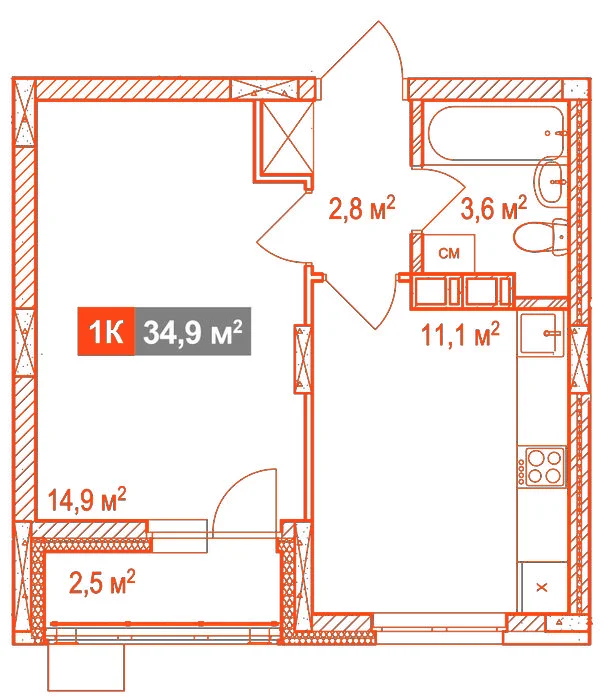 Планировка: 1-комнатная · 34,90 м²