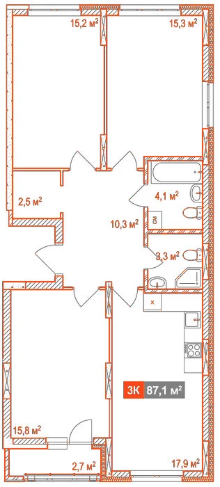 Планировка: 3-комнатная · 87,10 м²