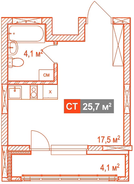 Планировка: Студия · 25,70 м²