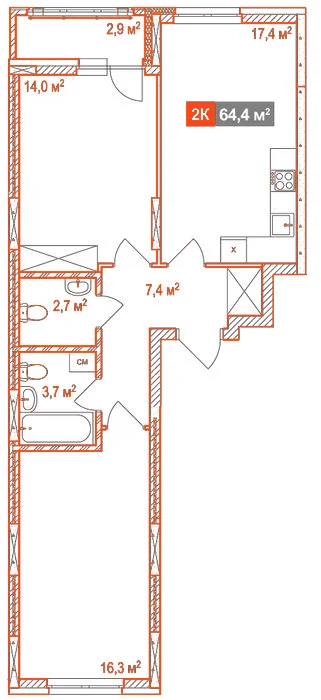 Планировка: 2-комнатная · 64,40 м²