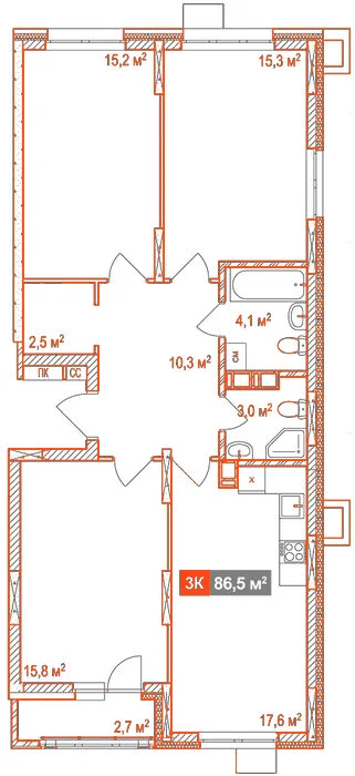 Планировка: 3-комнатная · 86,50 м²