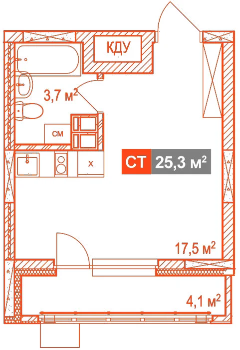 Планировка: Студия · 25,30 м²