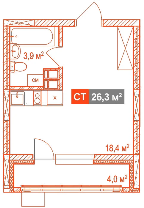 Планировка: Студия · 26,30 м²