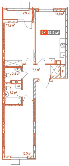 Планировка: 2-комнатная · 63,90 м²
