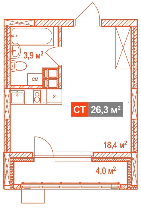 Планировка: Студия · 26,30 м²
