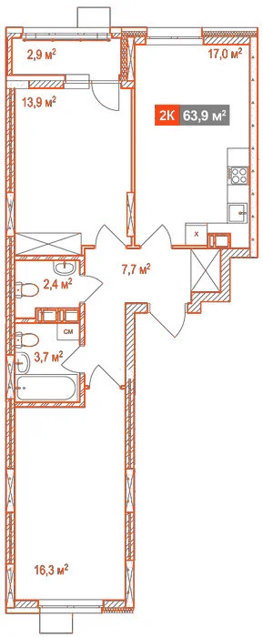 Планировка: 2-комнатная · 63,90 м²