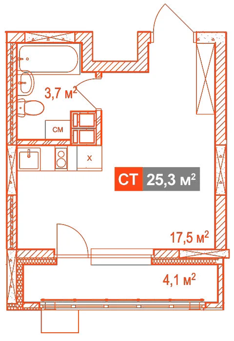 Планировка: Студия · 25,30 м²