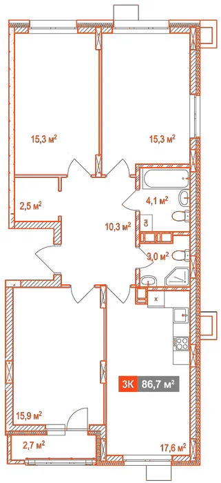 Планировка: 3-комнатная · 86,70 м²