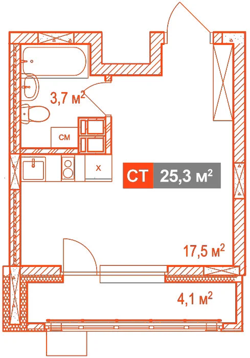 Планировка: Студия · 25,30 м²