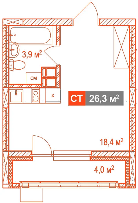 Планировка: Студия · 26,30 м²
