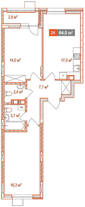 Планировка: 2-комнатная · 64,00 м²