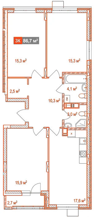 Планировка: 3-комнатная · 86,70 м²