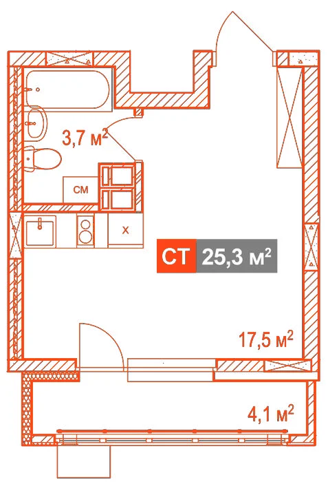 Планировка: Студия · 25,30 м²