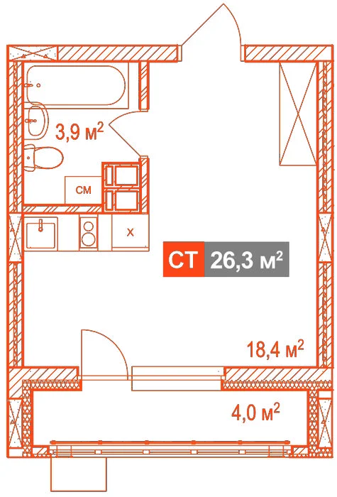 Планировка: Студия · 26,30 м²