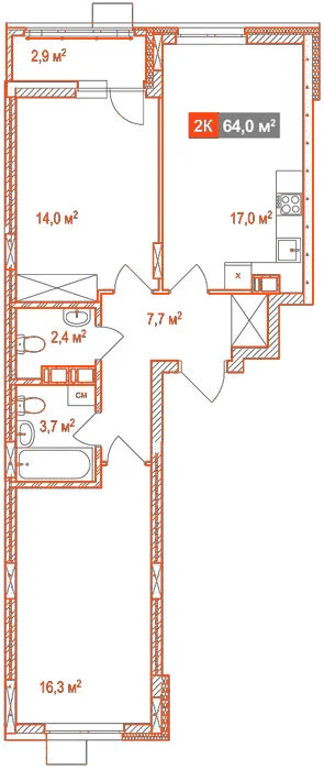 Планировка: 2-комнатная · 64,00 м²
